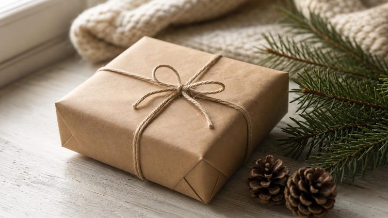 Paquete envuelto en papel kraft con cordel y ramas de pino, preparado para enviar en Navidad