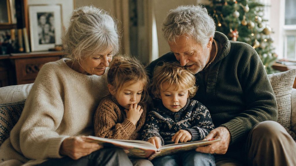 Unos abuelos leen un cuento ilustrado con sus dos nietos en el sof&aacute;, junto al &aacute;rbol de Navidad