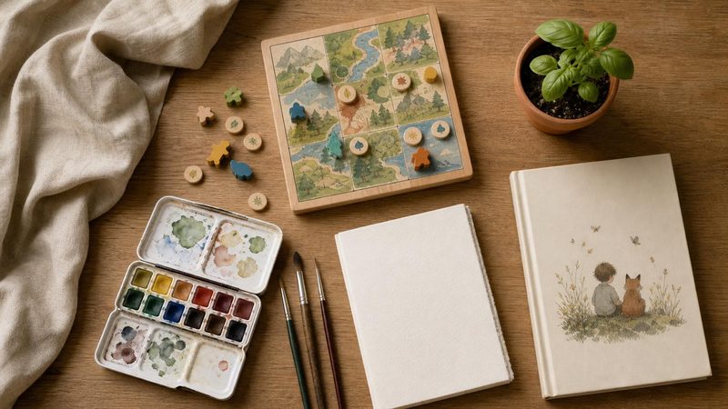 Mesa de madera con ideas de regalo para nietos: un juego de mesa, acuarelas, una maceta peque&ntilde;a y un libro ilustrado