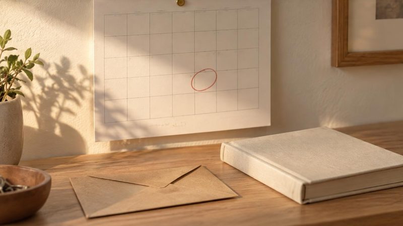 Un calendario de pared con un día rodeado en rojo y, delante, un sobre y un libro cerrado a la luz de la tarde