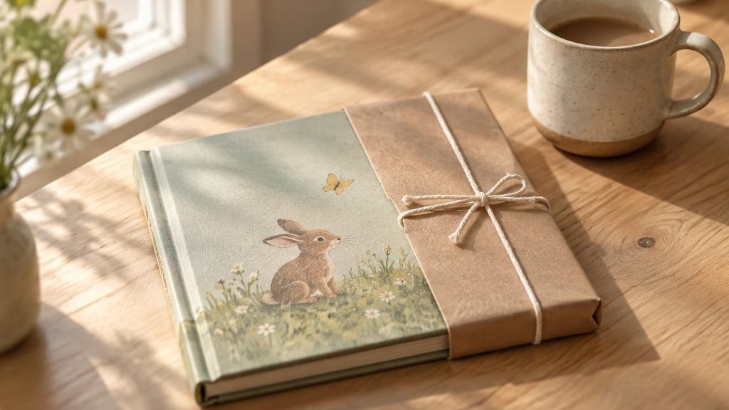 Un libro ilustrado de tapa dura envuelto a medias en papel kraft con un lazo, sobre una mesa de madera junto a una taza