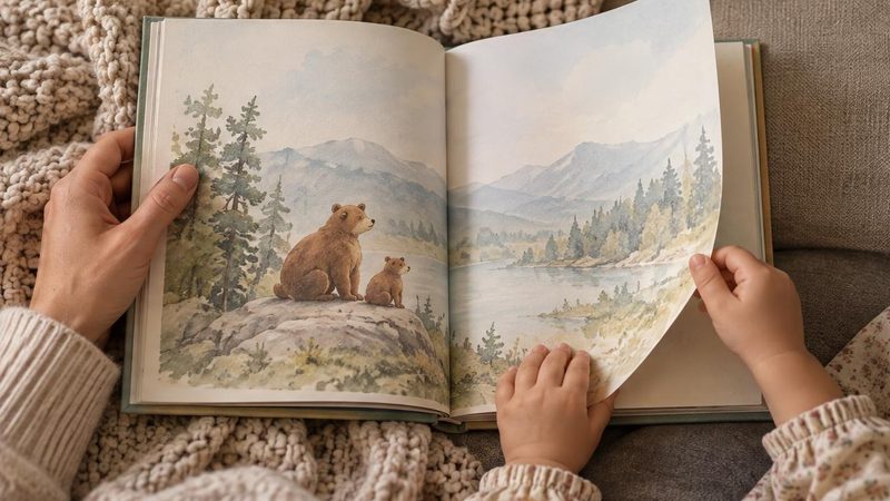 Manos de un adulto y de un niño pasando juntos la página de un libro ilustrado abierto sobre un sofá