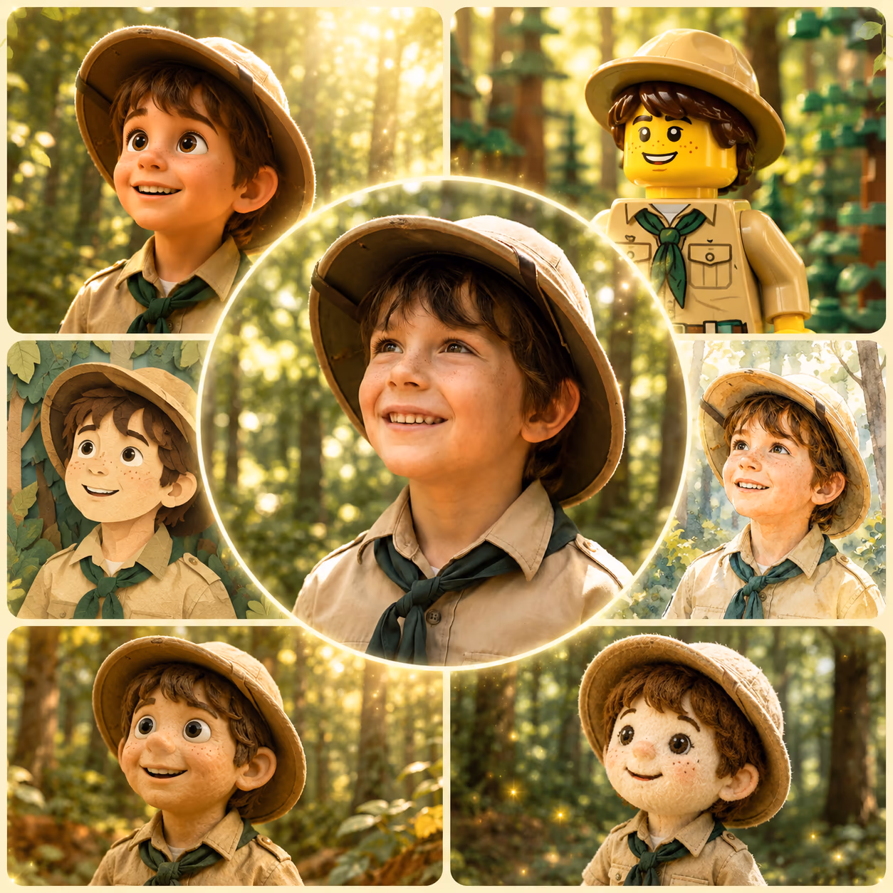 La misma fotografía de un niño explorador transformada en seis estilos de ilustración alrededor de la foto original