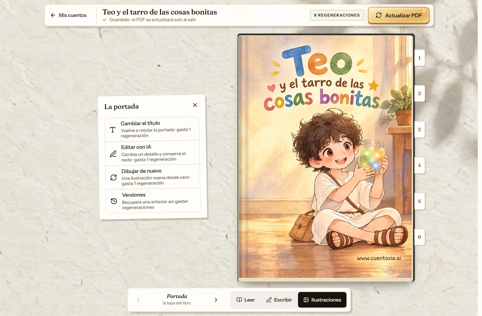 Panel de la portada en el editor de cuentosIA con Cambiar el título, Editar con IA y el resto de opciones