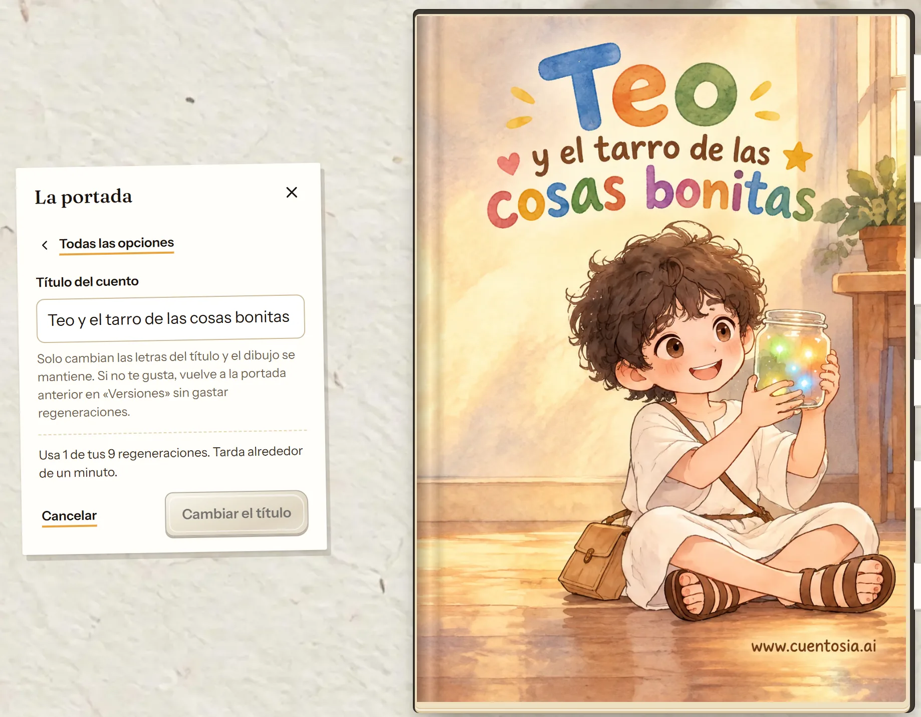 Ventana Cambiar el título del editor de cuentosIA con el campo para el título nuevo