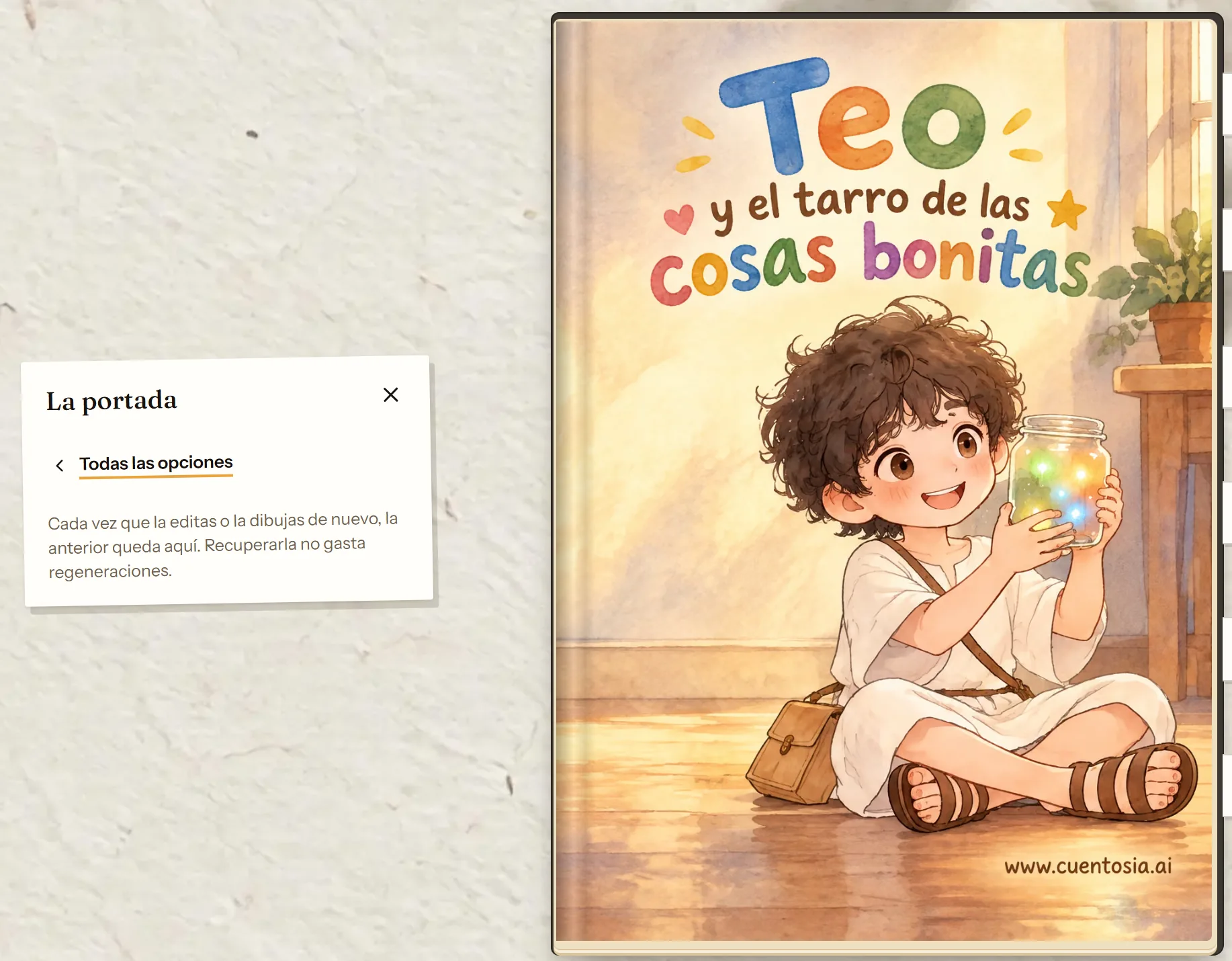 Versiones anteriores de la portada en el editor de cuentosIA