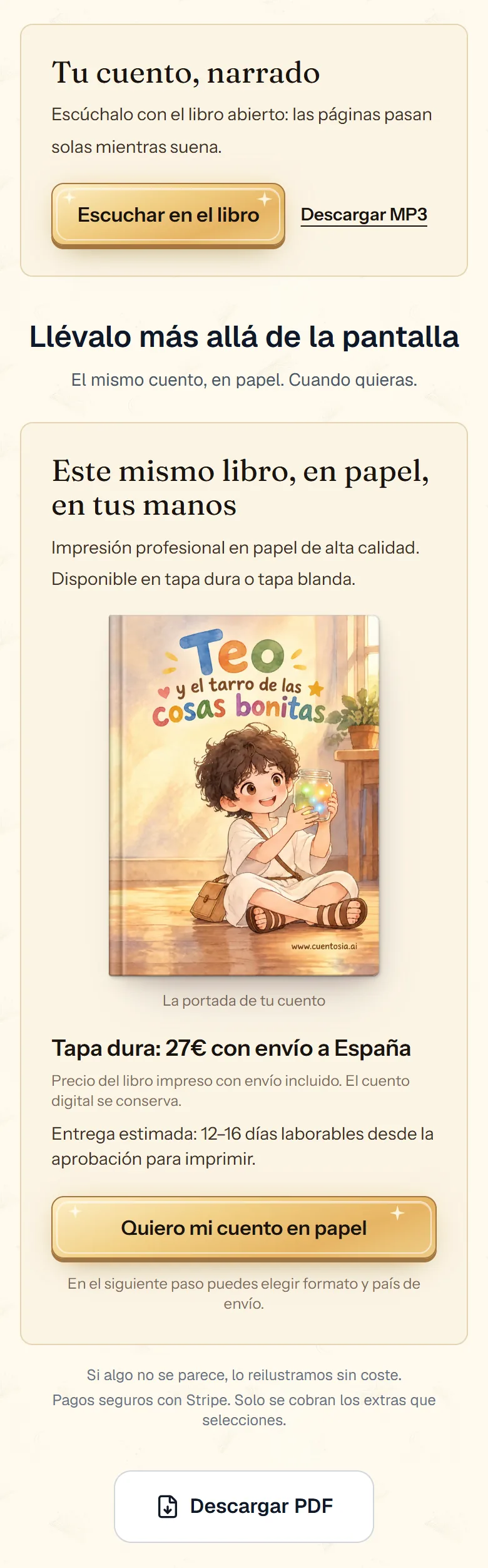Zona de descargas del cuento terminado en cuentosIA: PDF, cuento en papel y narración