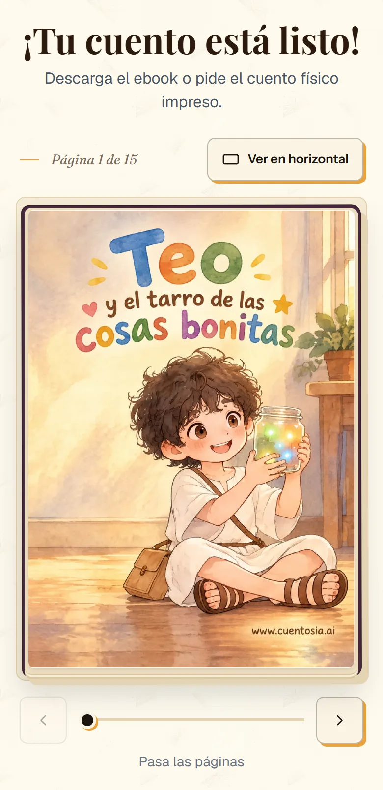 Pantalla «¡Tu cuento está listo!» de cuentosIA con el visor del cuento terminado