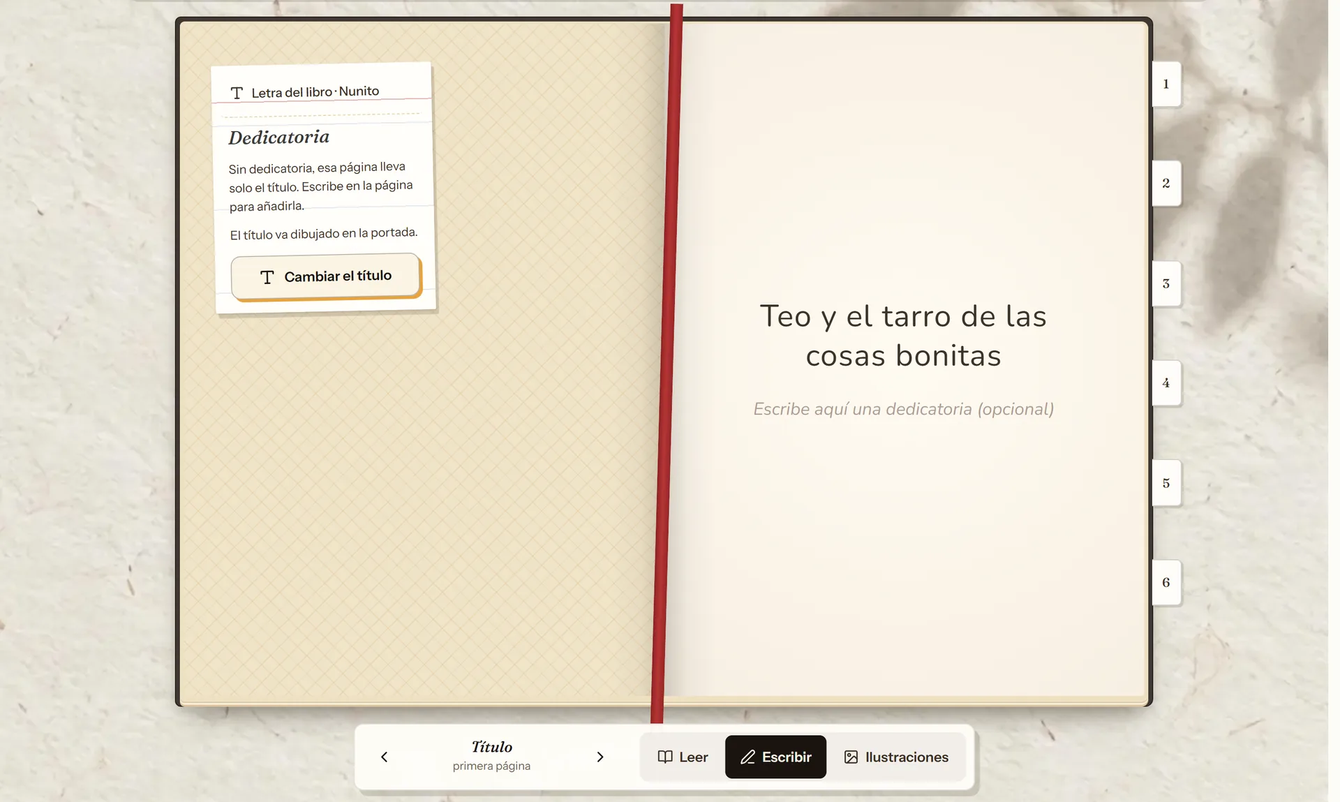 Página de la dedicatoria en el editor de cuentosIA, debajo del título del cuento