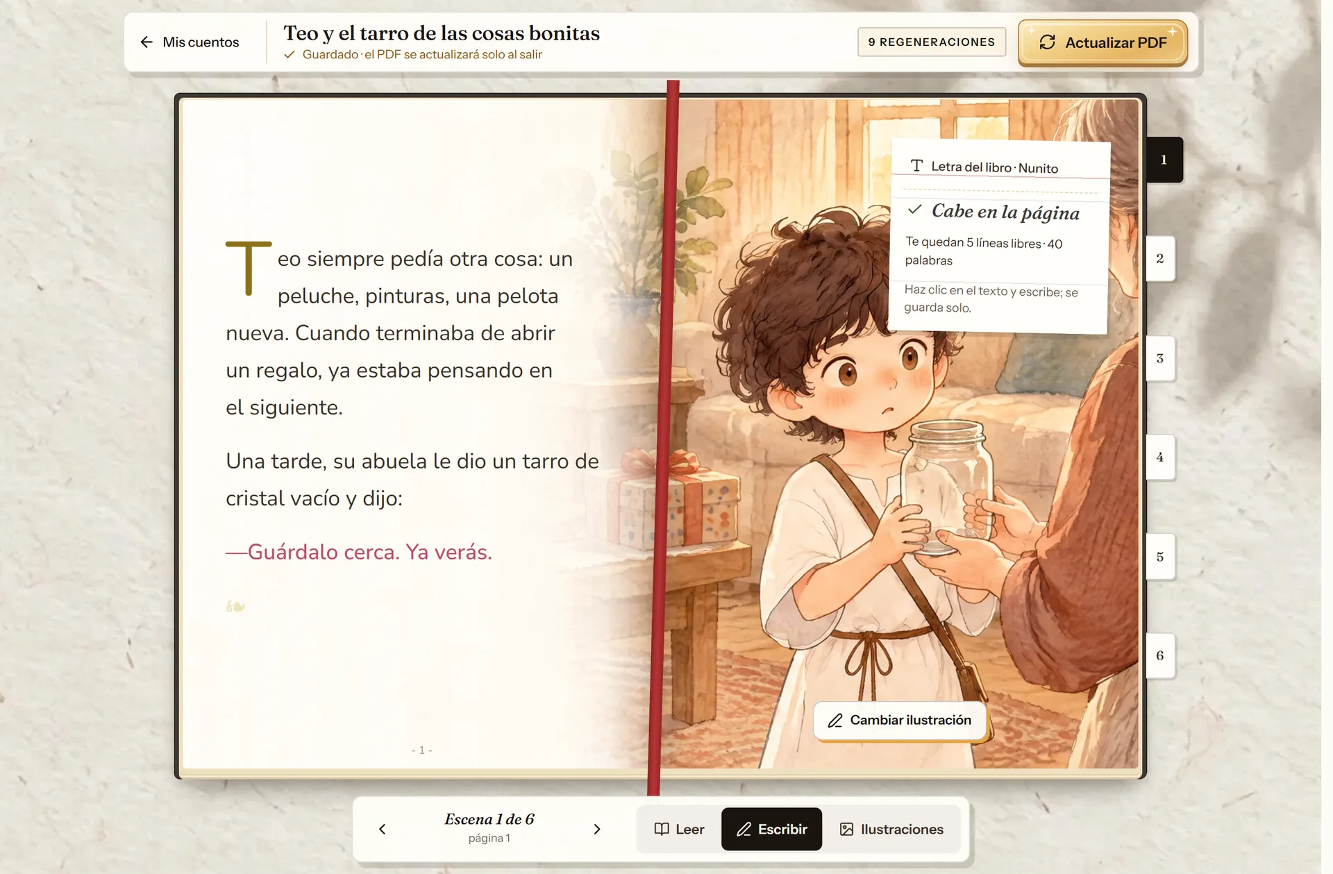 Editor de cuentosIA en modo Escribir, con el texto de una escena y el medidor que indica si cabe en la página