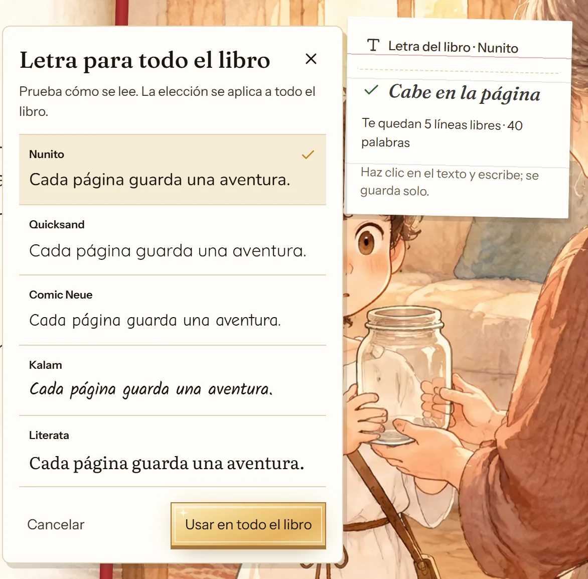Cata de letras del editor de cuentosIA para elegir la letra de todo el libro