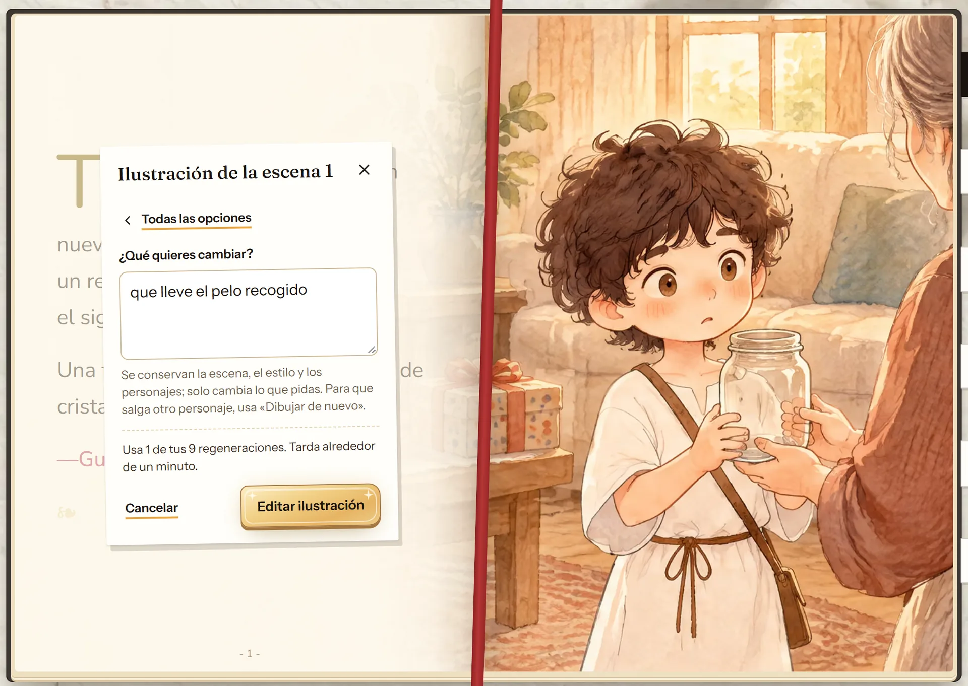 Ventana Editar con IA del editor de cuentosIA con la petición que lleve el pelo recogido