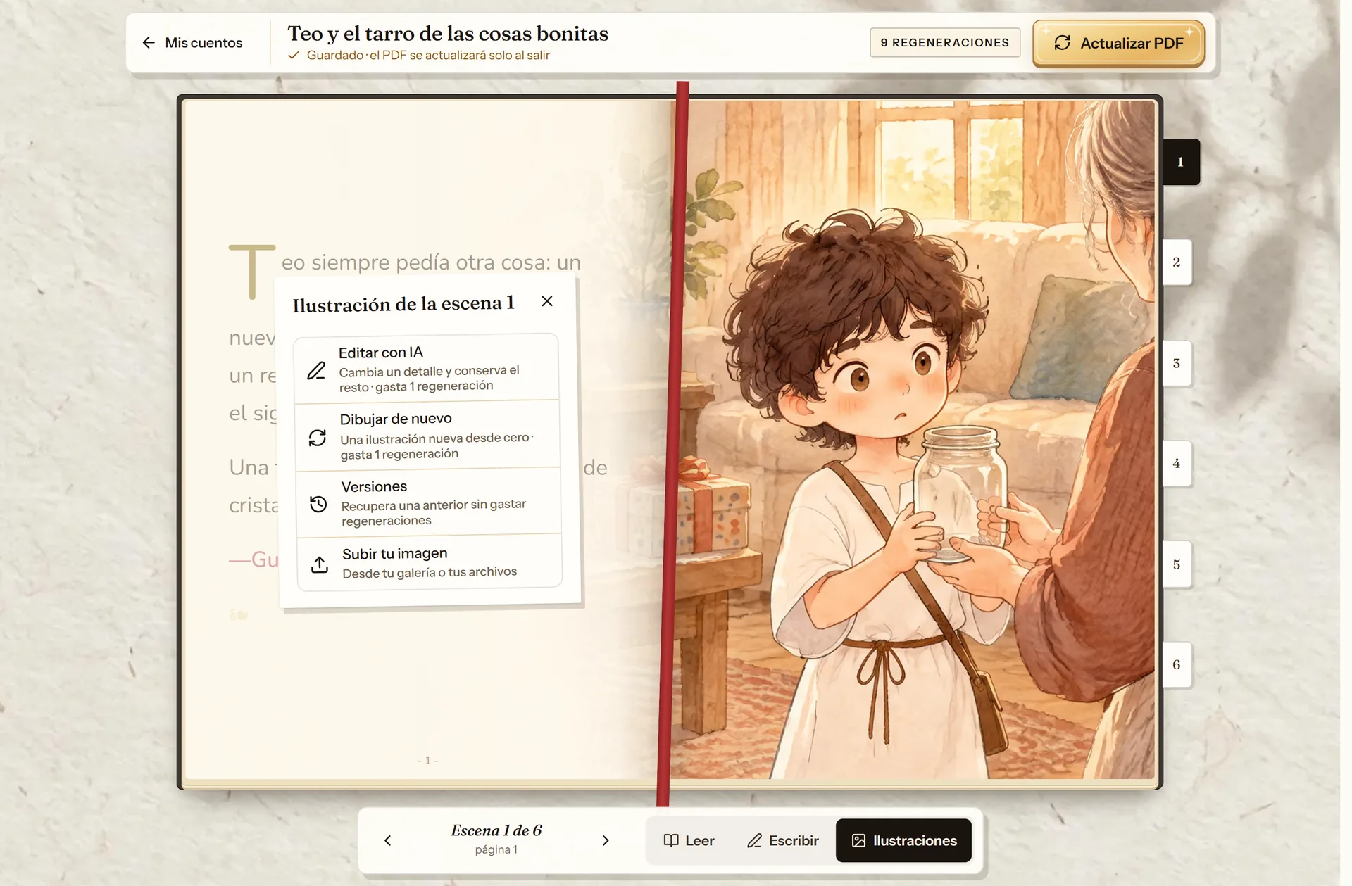 Panel de una escena en el editor de cuentosIA con Editar con IA, Dibujar de nuevo, Subir tu imagen y Versiones