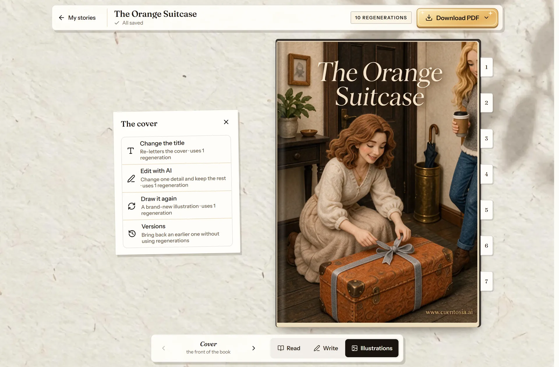 Cover panel in the cuentosIA editor with Change the title, Edit with AI and the other options