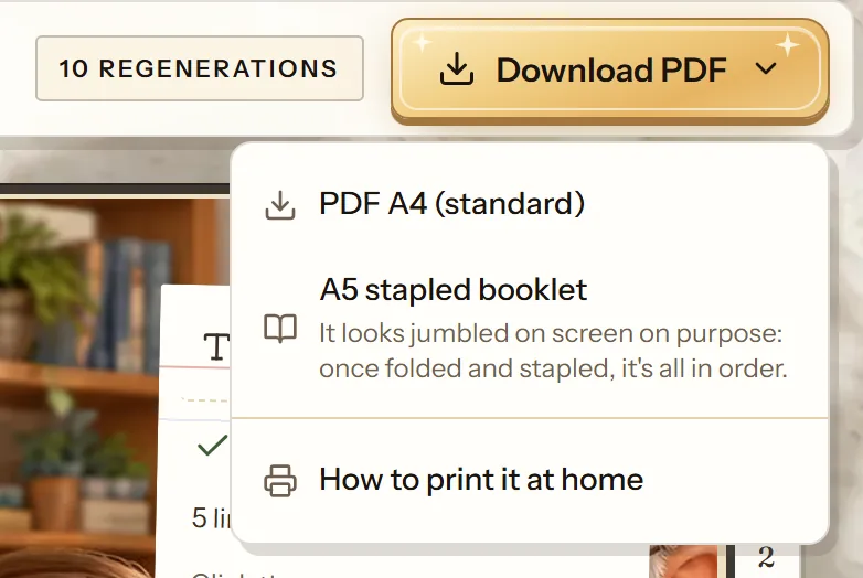 Download PDF menu in the cuentosIA editor with PDF A4 (standard), A5 stapled booklet and How to print it at home