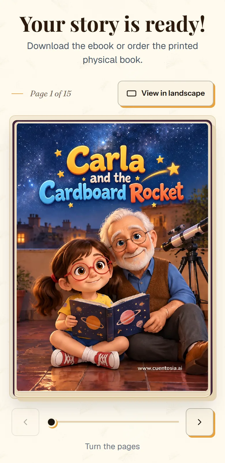 cuentosIA “Your story is ready!” screen with the viewer showing the finished story