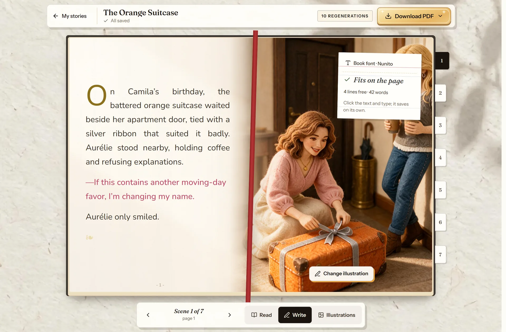 cuentosIA editor in Write mode, with the text of a scene and the meter showing whether it fits on the page
