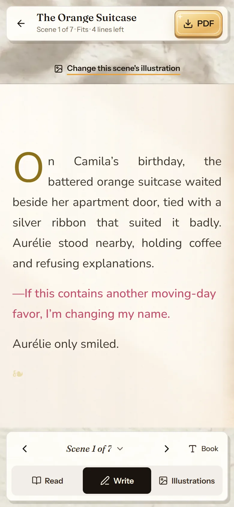 cuentosIA editor on a phone, in Write mode, with the meter showing the space left on the page