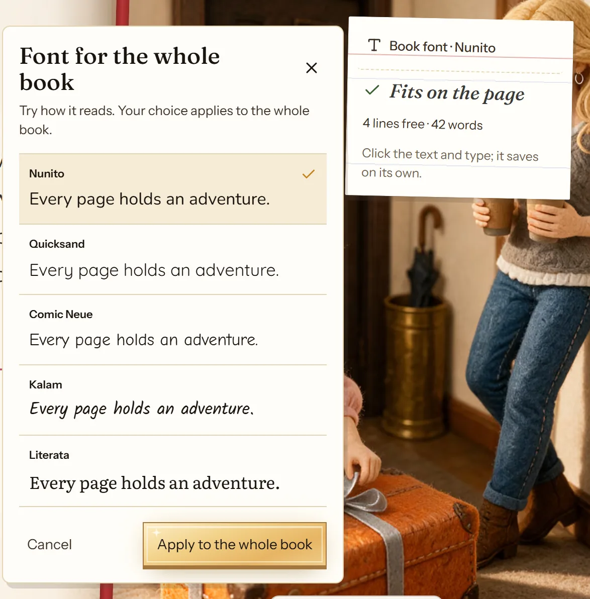 Font samples in the cuentosIA editor for choosing the font for the whole book