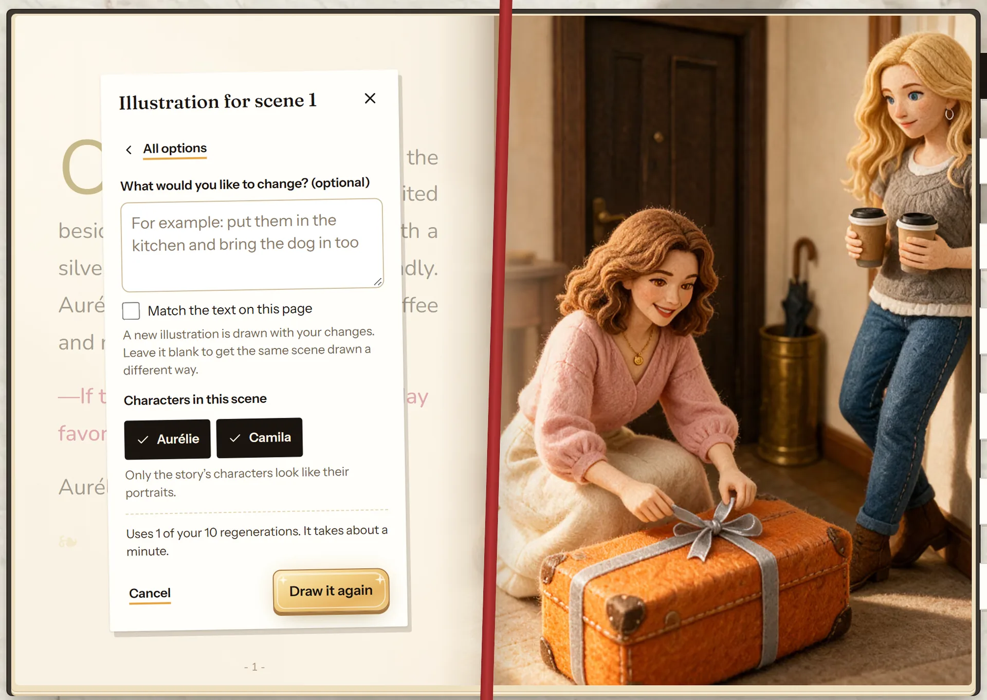 Draw it again window in the cuentosIA editor with the optional change and the Match the text on this page box