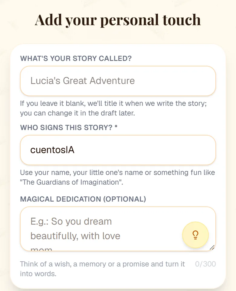 “Add your personal touch” step with the story title, the author and the dedication with the Inspire me button