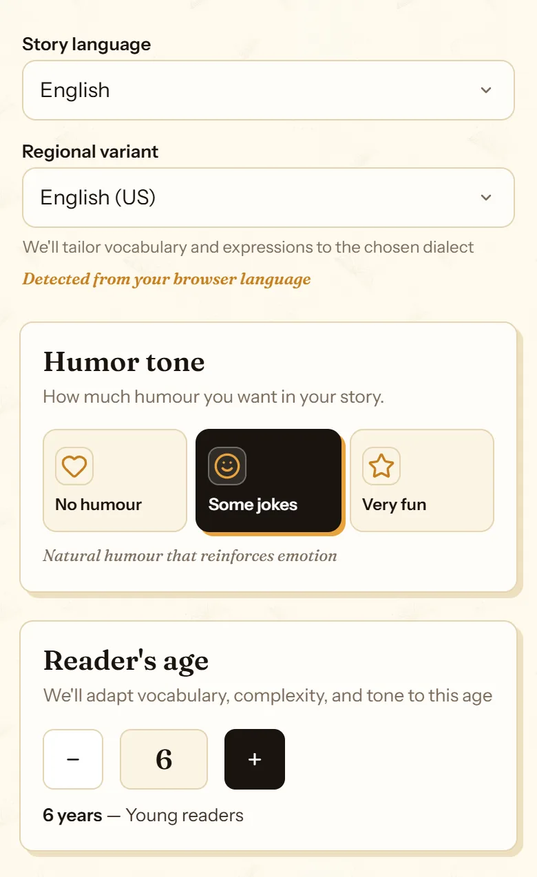 cuentosIA text settings: story language, regional variant, humor tone and reader’s age