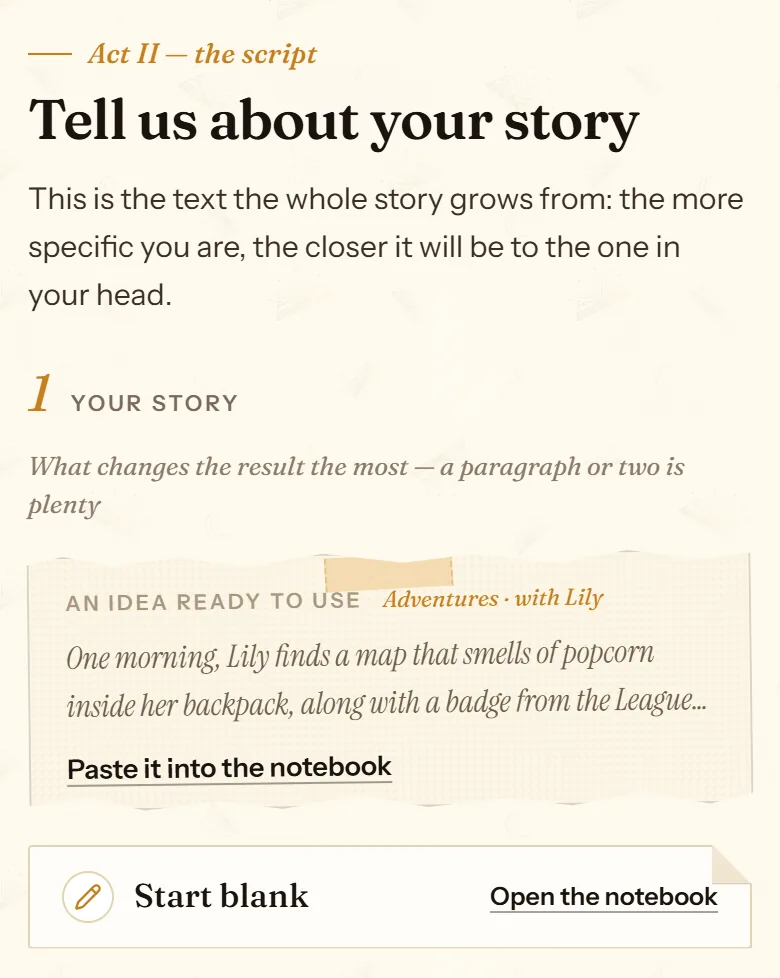 cuentosIA “Your story” block with the An idea ready to use and Start blank options