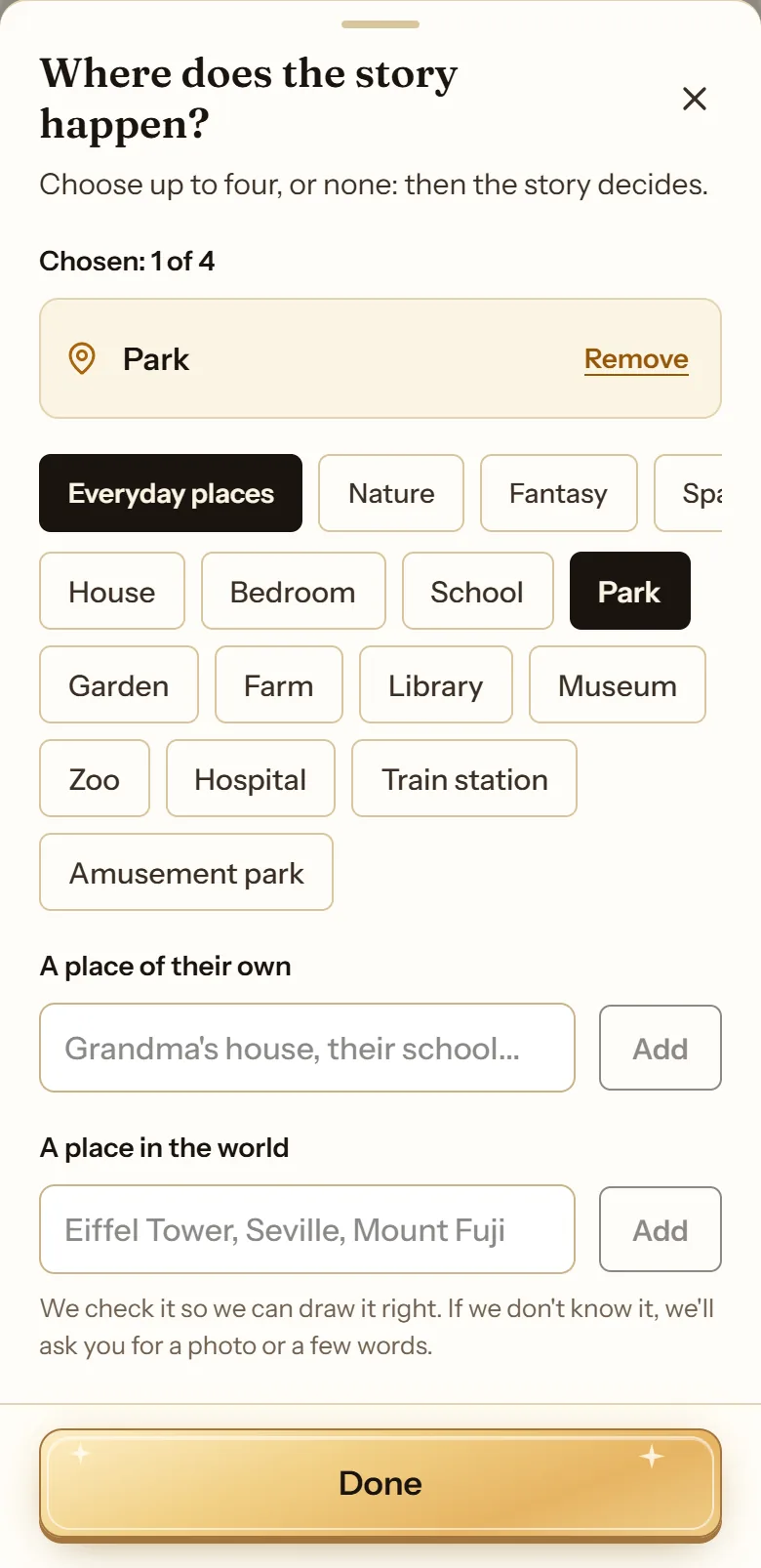 cuentosIA “Where does the story happen?” sheet with the places catalog, A place of their own and A place in the world