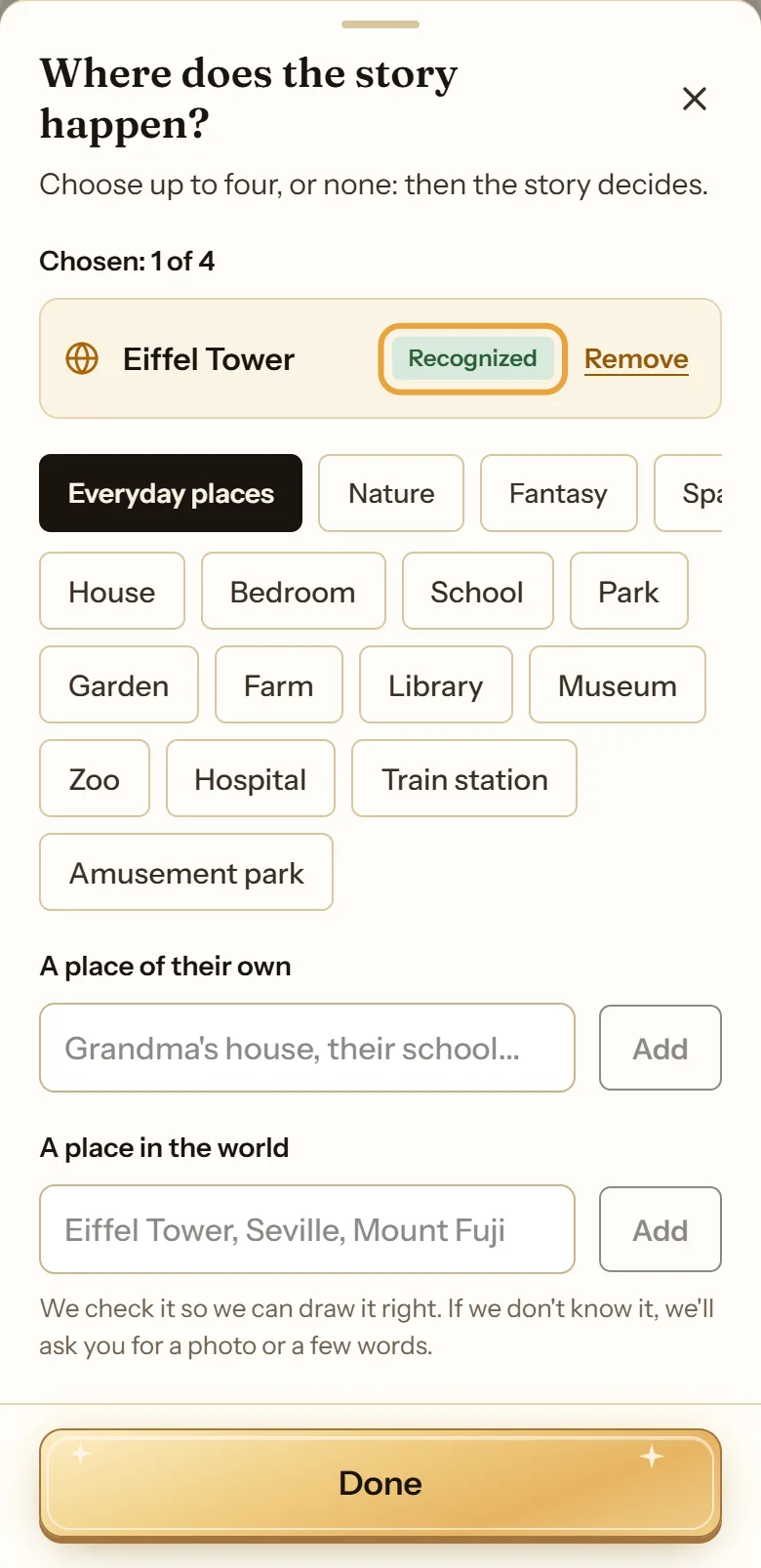 A real-world landmark added on cuentosIA, with the Recognized mark