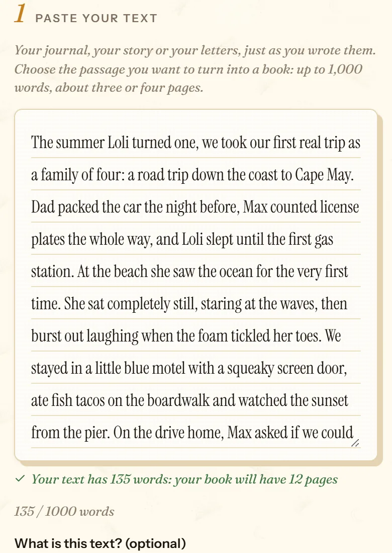 cuentosIA memoir Paste your text field with a travel memory and the page count
