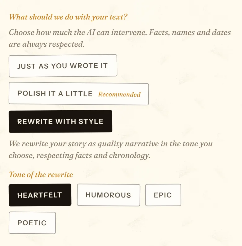 Just as you wrote it, Polish it a little and Rewrite with style options for the text of a memoir