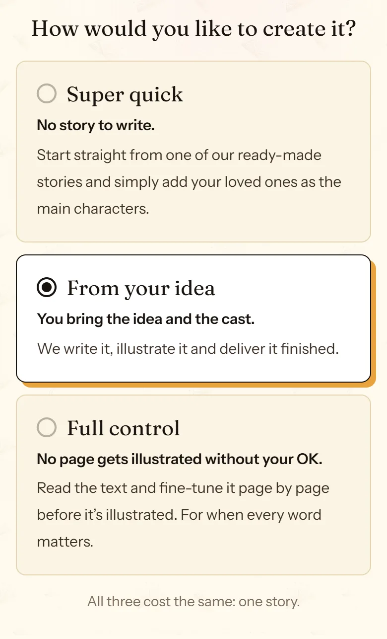 cuentosIA “How would you like to create it?” screen with the Super quick, From your idea and Full control cards