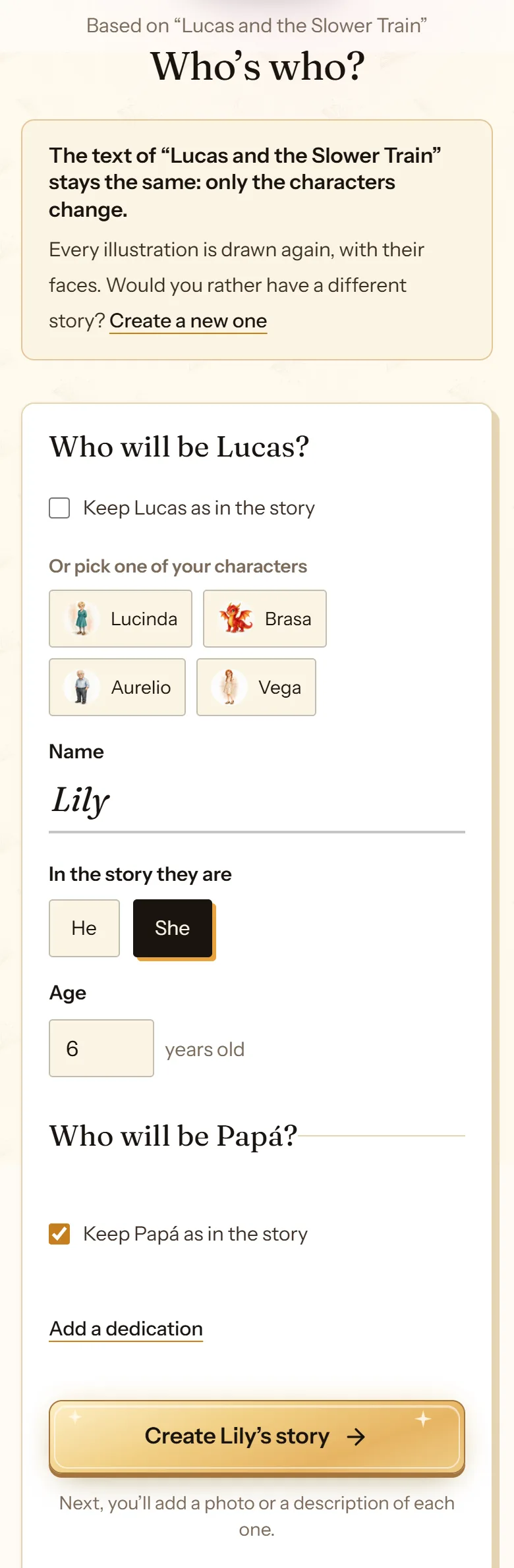 cuentosIA “Who’s who?” screen for choosing who plays each part when recreating a story