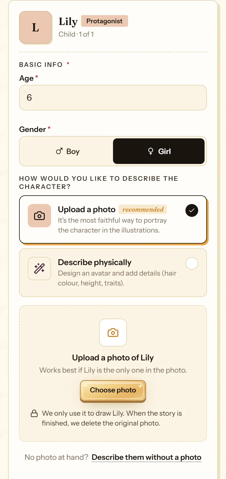 Character card with the recommended Upload a photo option and the area for choosing the photo