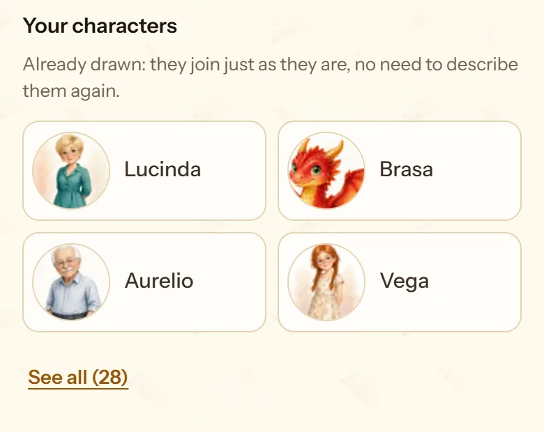 “Your characters” list with characters already drawn in other stories