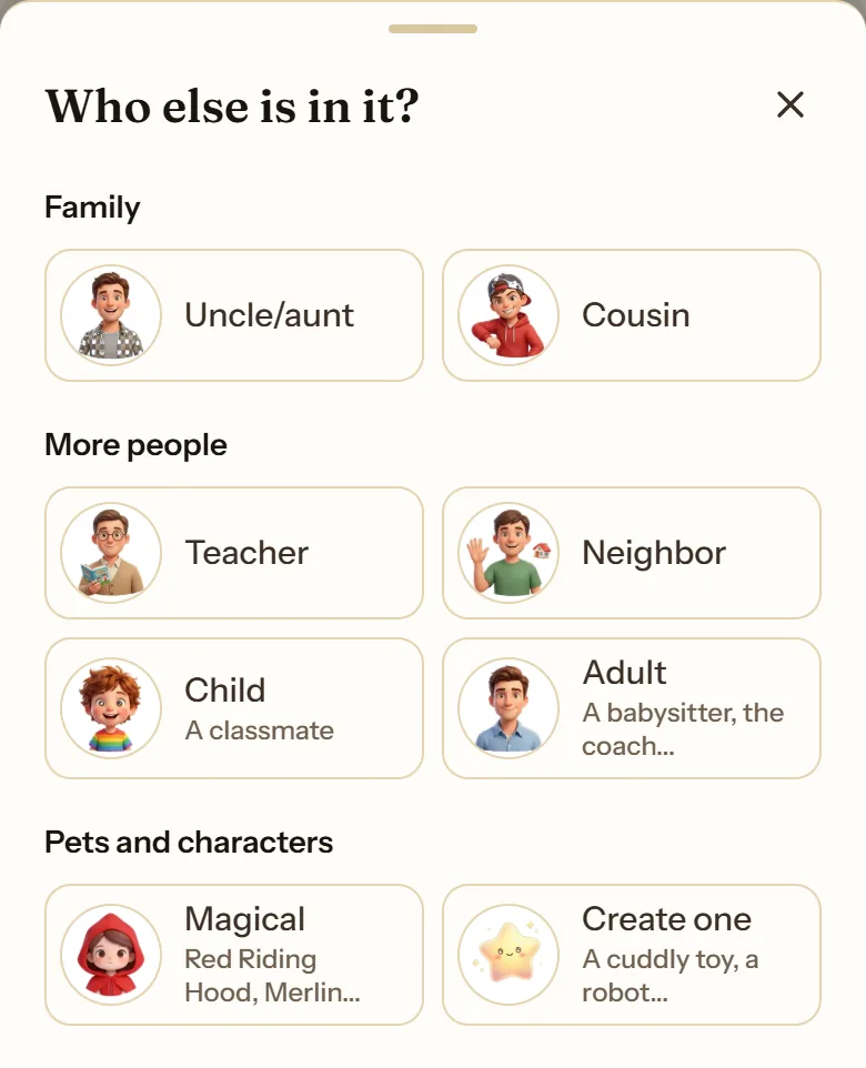 “Who else is in it?” sheet with the Family, More people and Pets and characters groups
