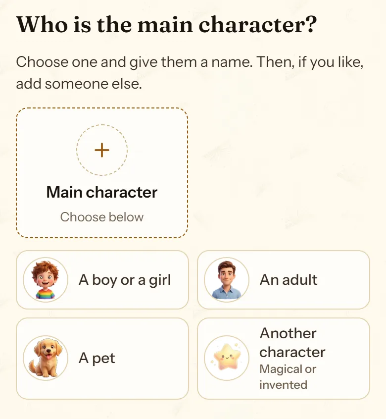 “Who is the main character?” with the options A boy or a girl, An adult, A pet and Another character