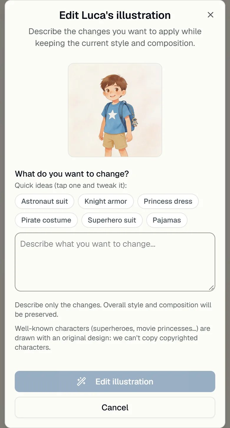 Panel for editing a character’s illustration, with quick costume ideas