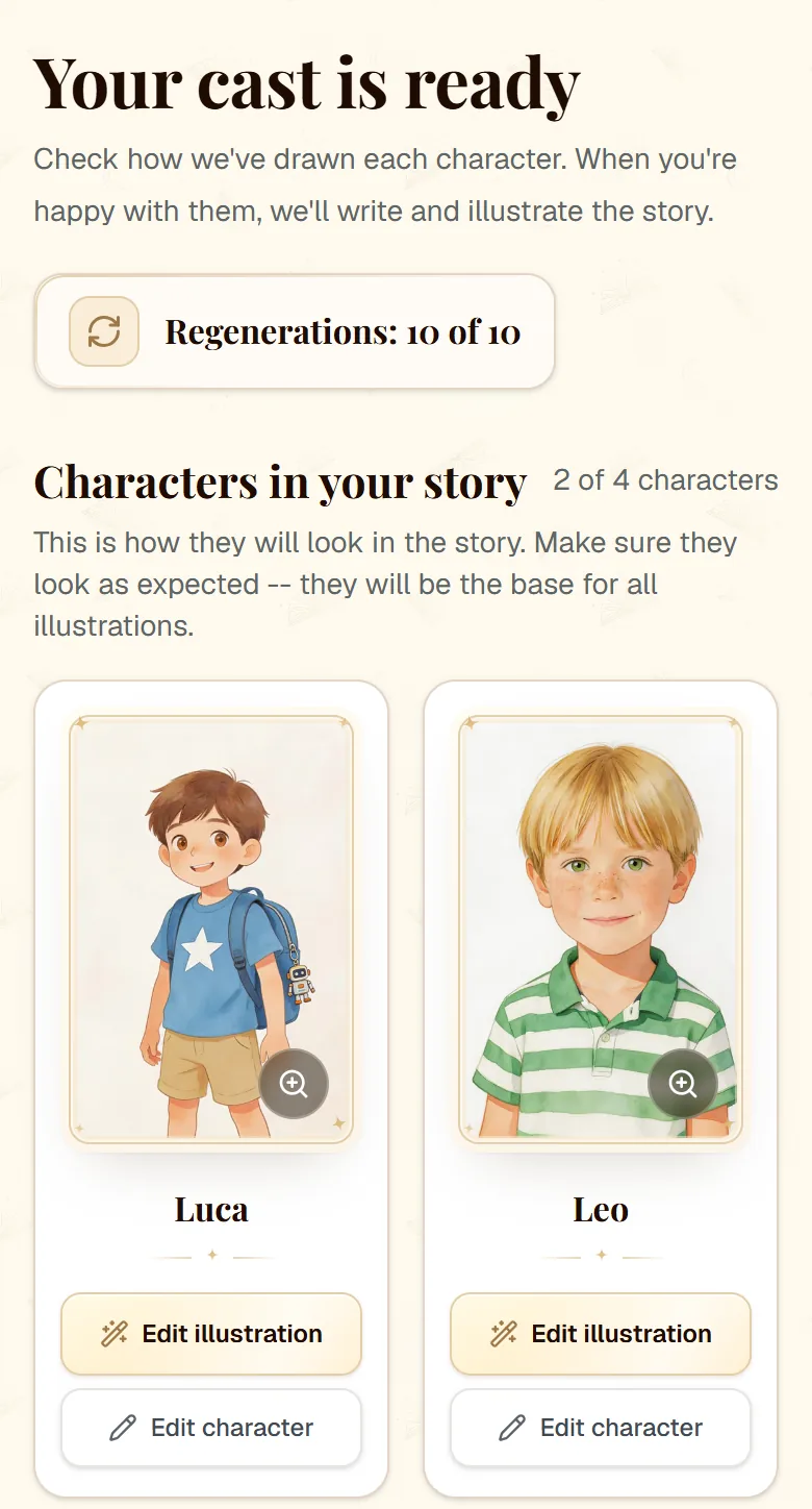 “Your cast is ready” screen with the illustrated portraits of two characters