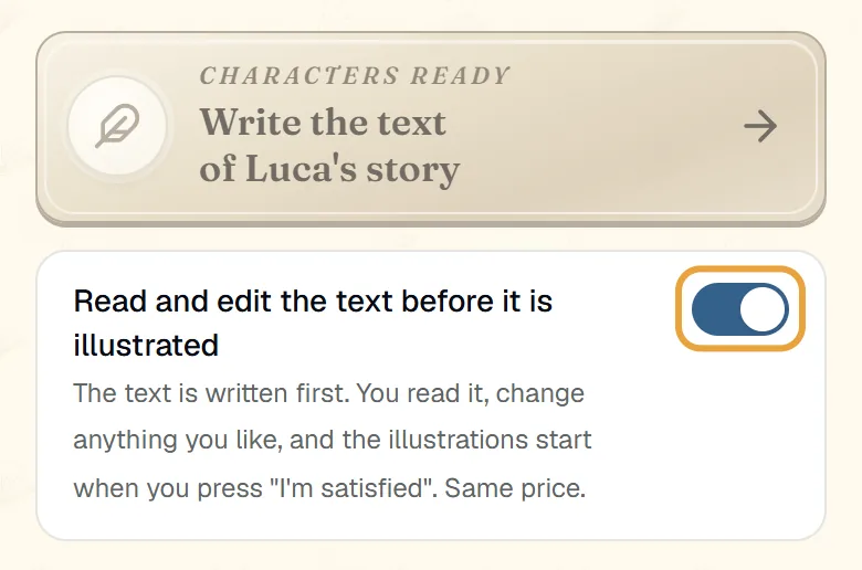 The Read and edit the text before it is illustrated switch turned on, on the cuentosIA portraits screen