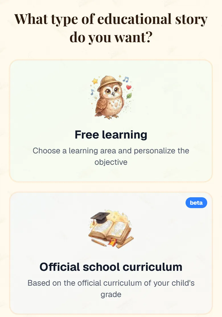 “What type of educational story do you want?” with Free learning and Official school curriculum