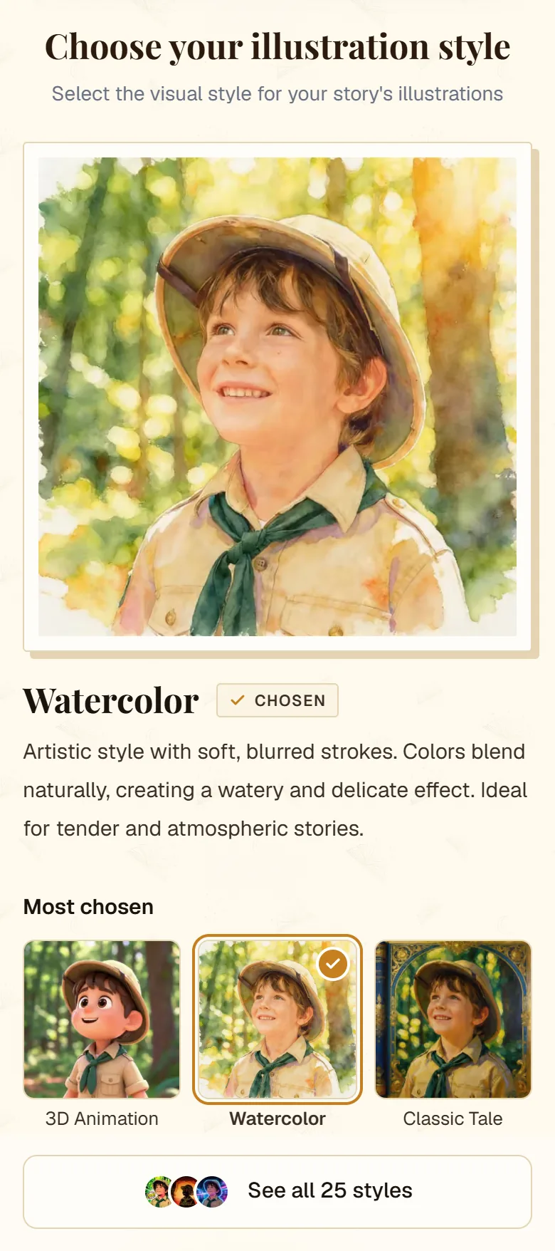 cuentosIA illustration style picker with the three most chosen and the rest grouped by mood