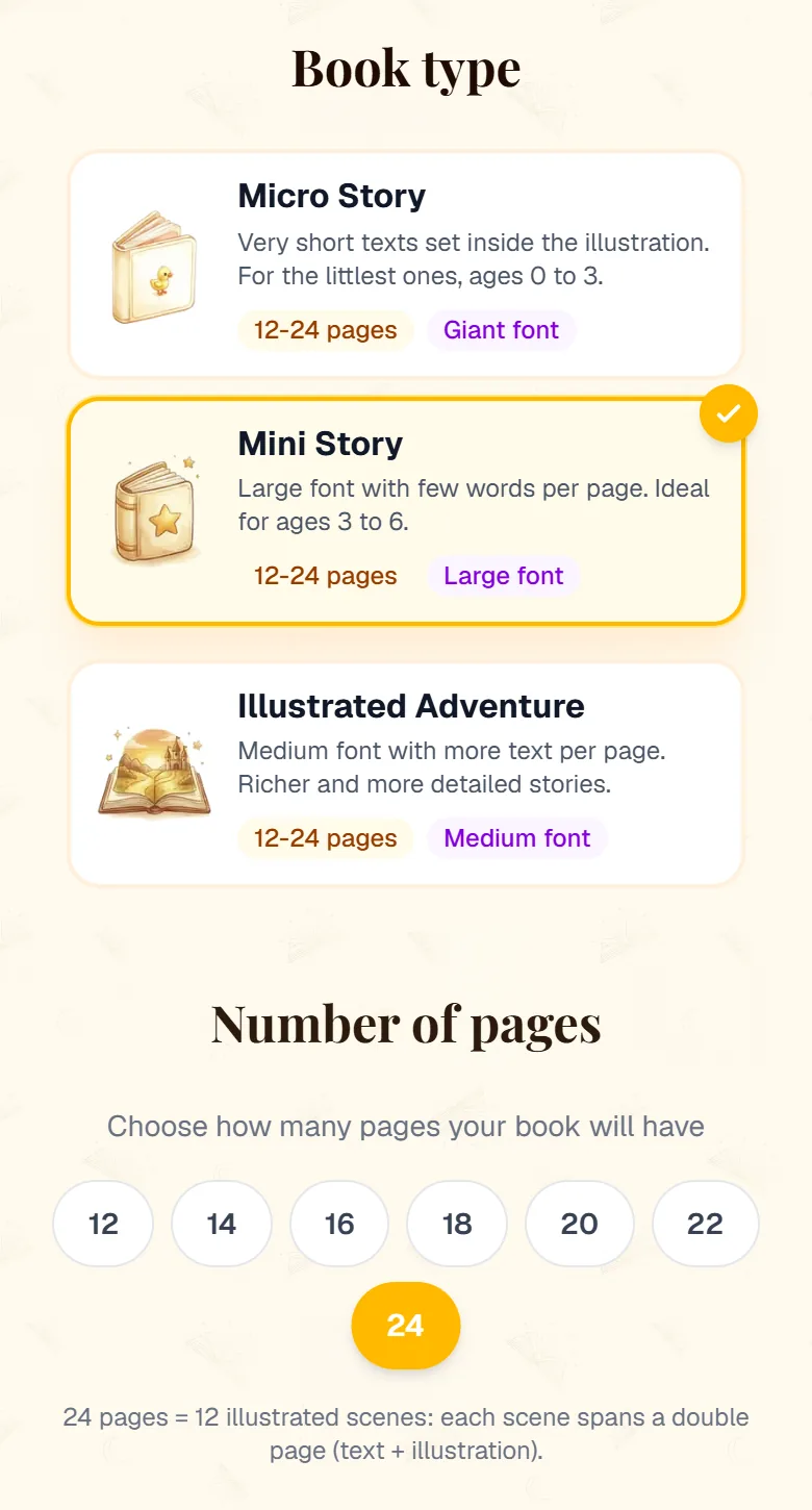 Micro Story, Mini Story and Illustrated Adventure book type cards, and the page count from 12 to 24