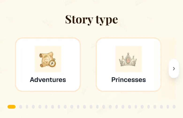 Narrative story themes on cuentosIA, such as Adventures, Princesses, Dinosaurs and Bedtime