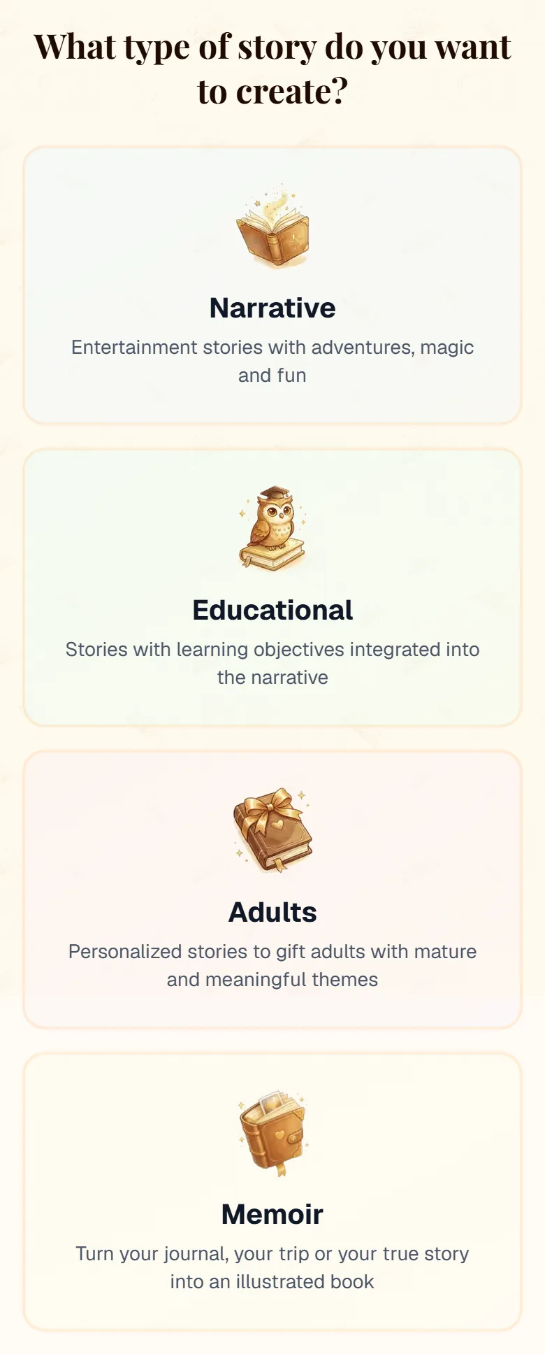 The four story type cards on cuentosIA: Narrative, Educational, Adults and Memoir