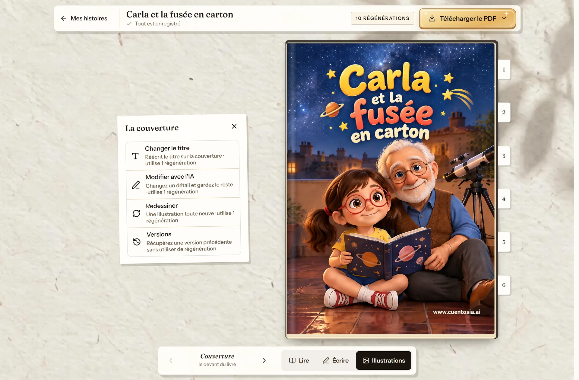 Panneau de la couverture dans l'éditeur de cuentosIA avec Changer le titre, Modifier avec l'IA et les autres options