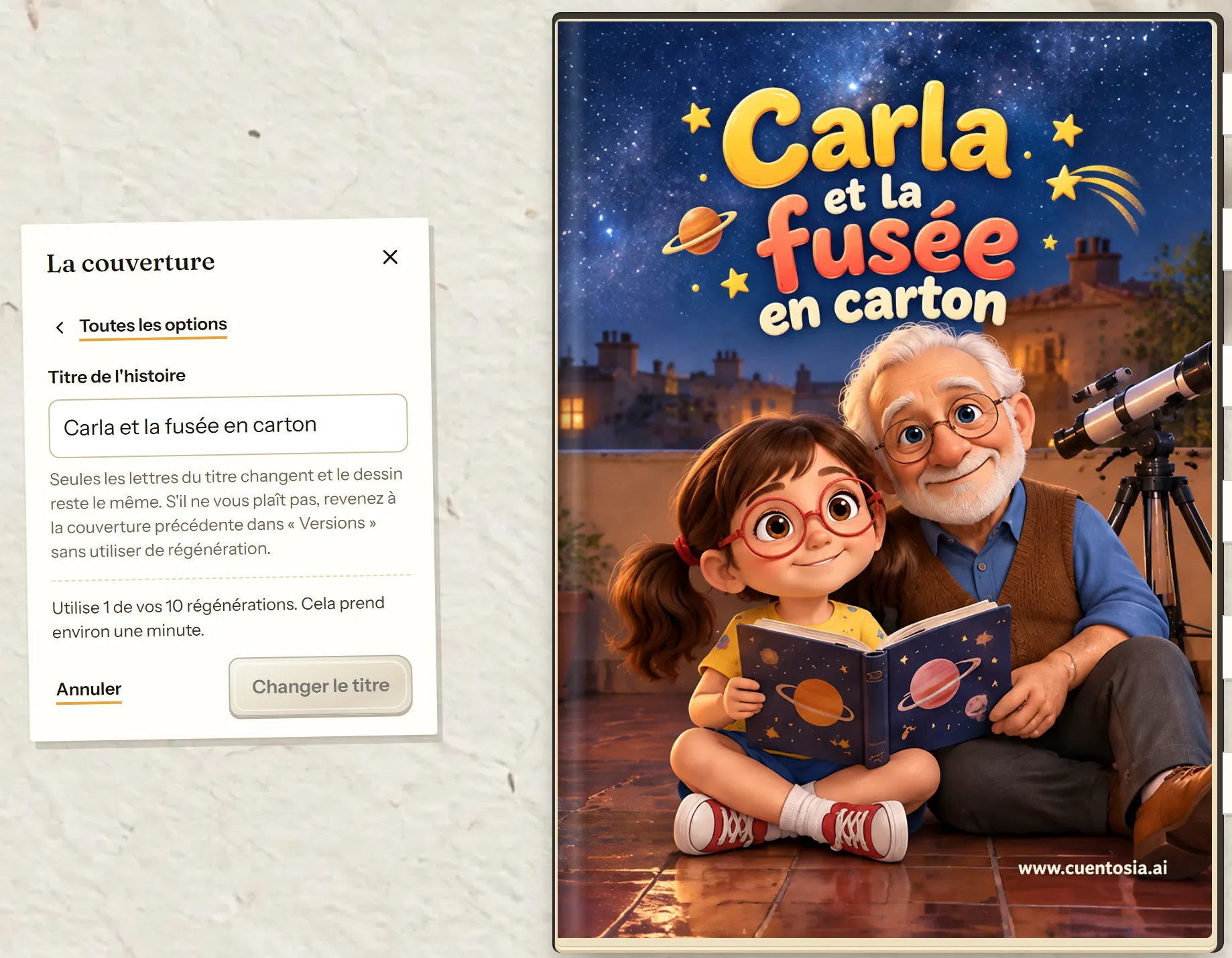 Fenêtre Changer le titre de l'éditeur de cuentosIA avec le champ pour le nouveau titre
