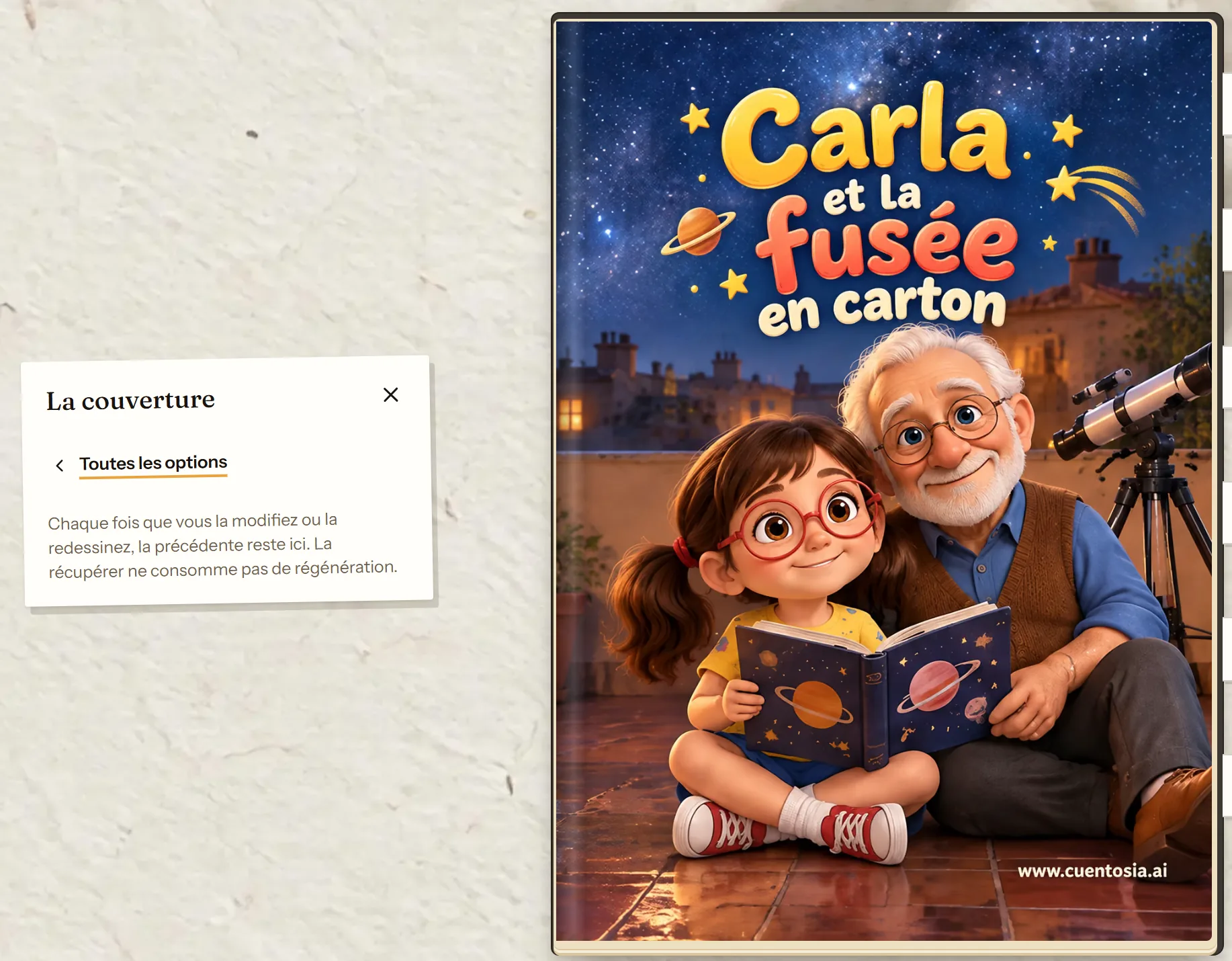 Versions précédentes de la couverture dans l'éditeur de cuentosIA