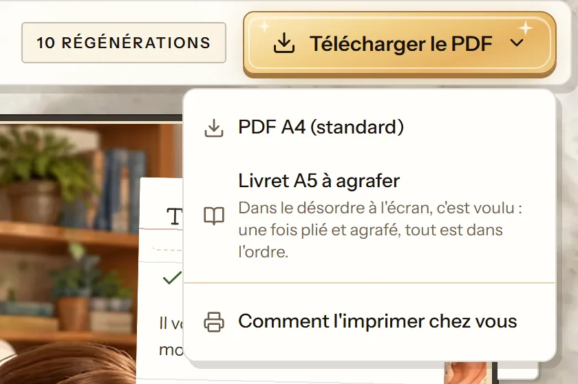 Menu Télécharger le PDF de l'éditeur de cuentosIA avec PDF A4 (standard), Livret A5 à agrafer et Comment l'imprimer chez vous
