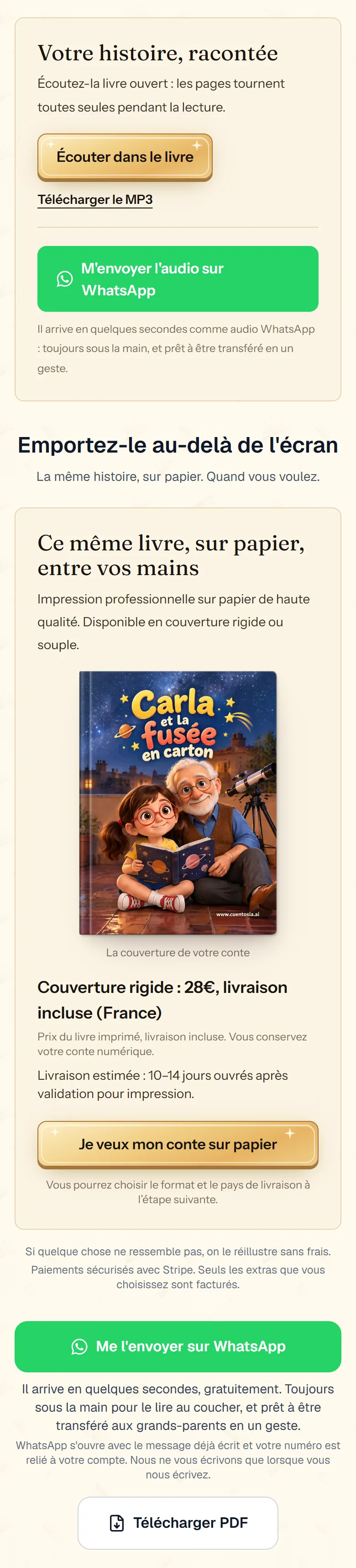 Zone de téléchargement de l'histoire terminée sur cuentosIA : PDF, version papier et narration